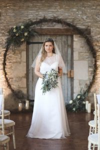 Bride and moongate | Journey to the Centre of the Earth | modern ethereal winter styled bridal shoot by Hanami Dream | agate | marble | airplants | tulle | pale blue | gold | Oxleaze Barn | Gloucestershire | October 2017 | Photography by Squib Photography www.squibphotography.co.uk