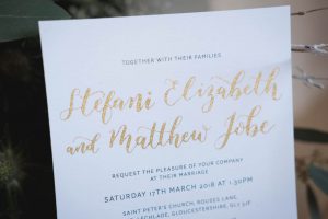 Watercolour invitation with gold calligraphy | Journey to the Centre of the Earth | modern ethereal winter styled bridal shoot by Hanami Dream | agate | marble | airplants | tulle | pale blue | gold | Oxleaze Barn | Gloucestershire | October 2017 | Photography by Squib Photography www.squibphotography.co.uk