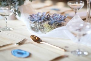 Succulents in tablescape | Journey to the Centre of the Earth | modern ethereal winter styled bridal shoot by Hanami Dream | agate | marble | airplants | tulle | pale blue | gold | Oxleaze Barn | Gloucestershire | October 2017 | Photography by Squib Photography www.squibphotography.co.uk